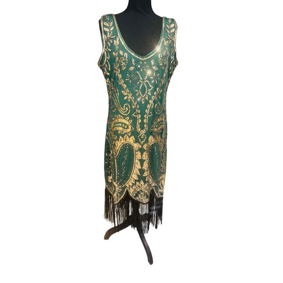 Green Gold Sequined Flapper Style Dress Fringe Hem Holiday Party XL By Fundaizy - Picture 5 of 9
